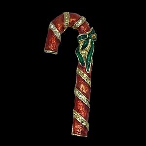 Vintage Christmas Candy Cane Brooch Pin Red Green Bow Rhinestone Stripe Deadstoc